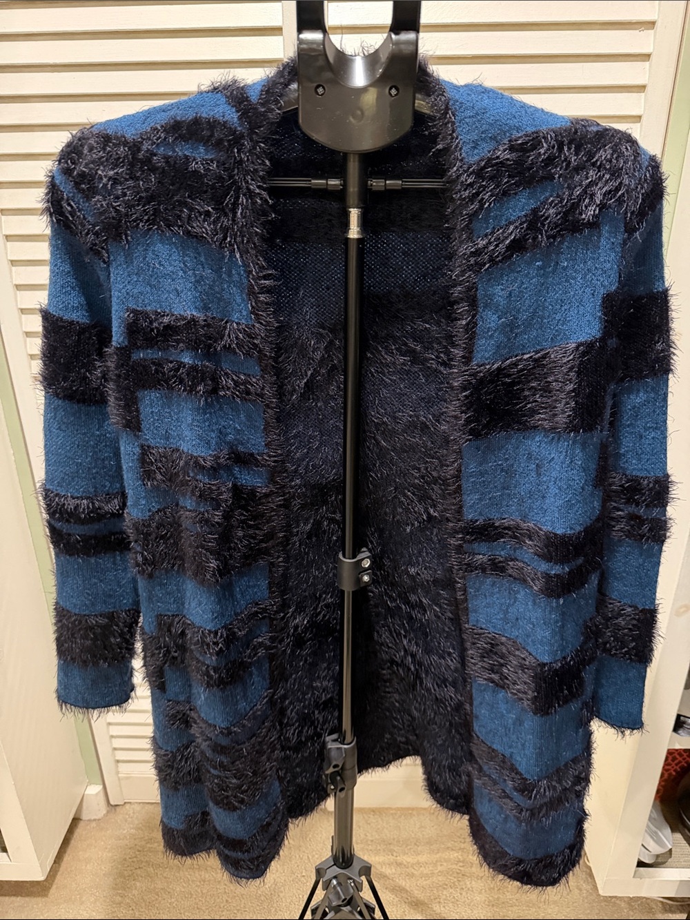 Alfani Eyelash Blue and Black Fuzzy Petite Open Cardigan